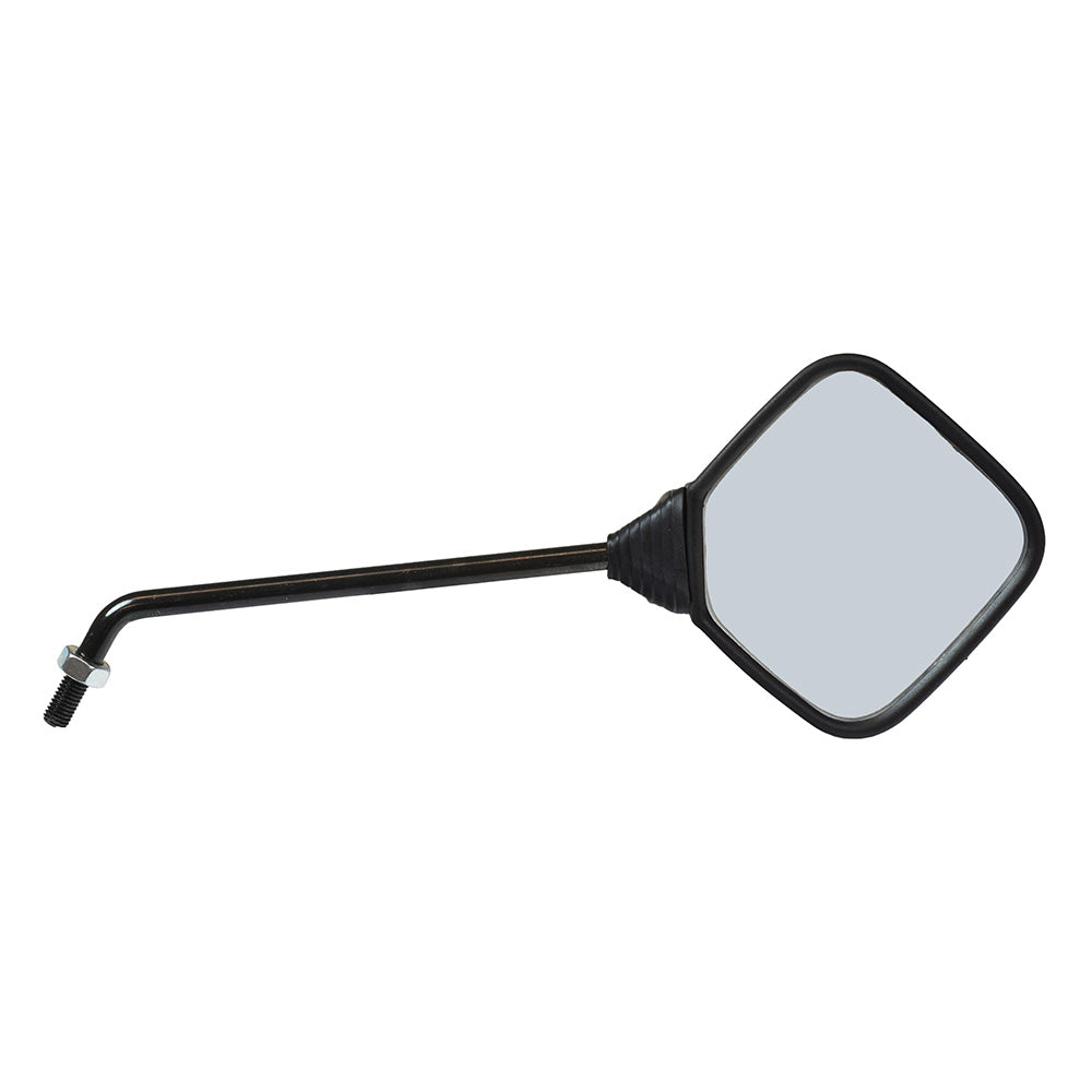 Black Square Mirror for Vintage Vespa Scooters with a handle, close-up of the mounting hardware, designed for 1980s models, fits left or right side, compatible with Genuine Stella.