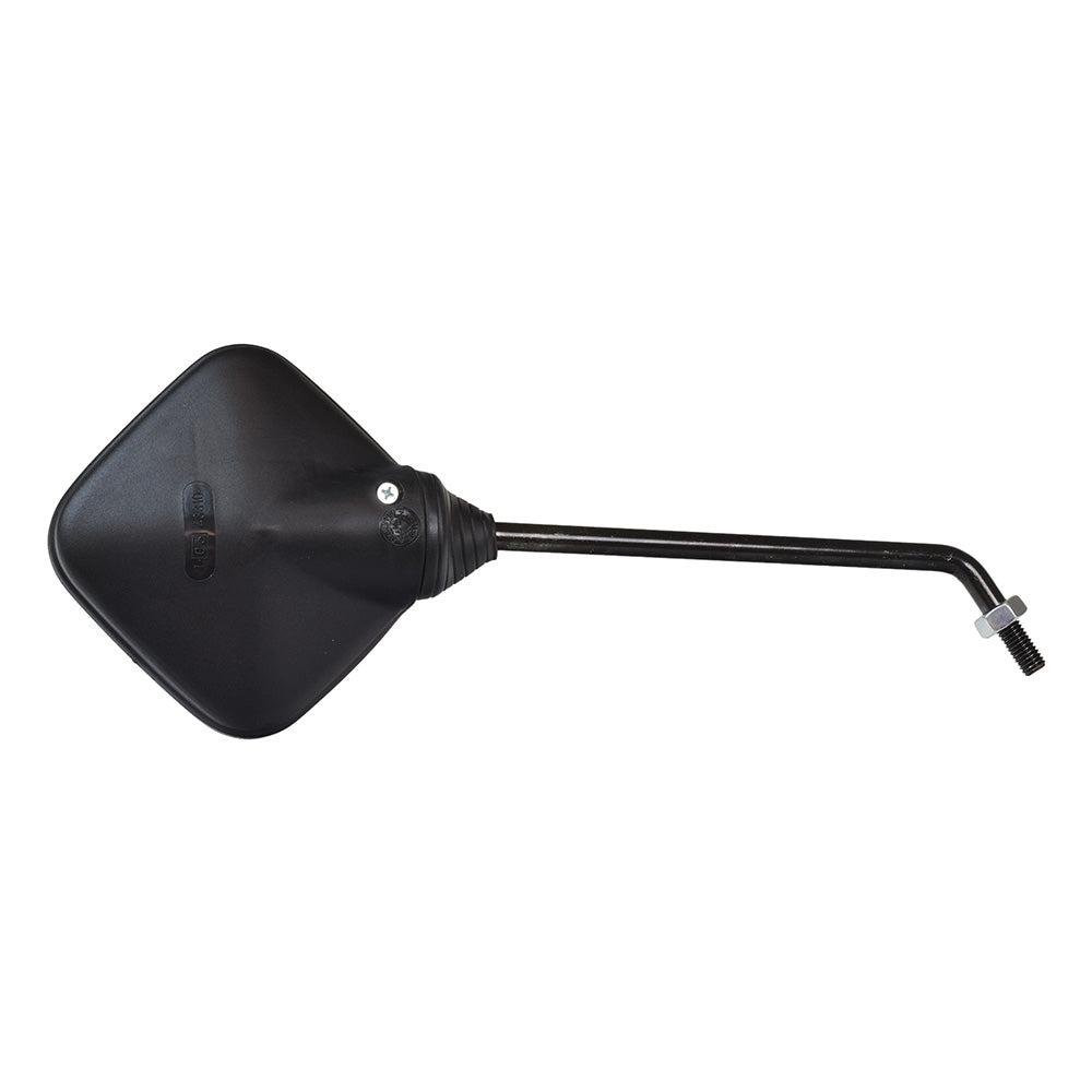 Black Square Mirror for Vintage Vespa Scooters with a bent arm and long handle, designed to mount at the bottom of the headset, compatible with 1980s Vespa models and some Vespa-clones.