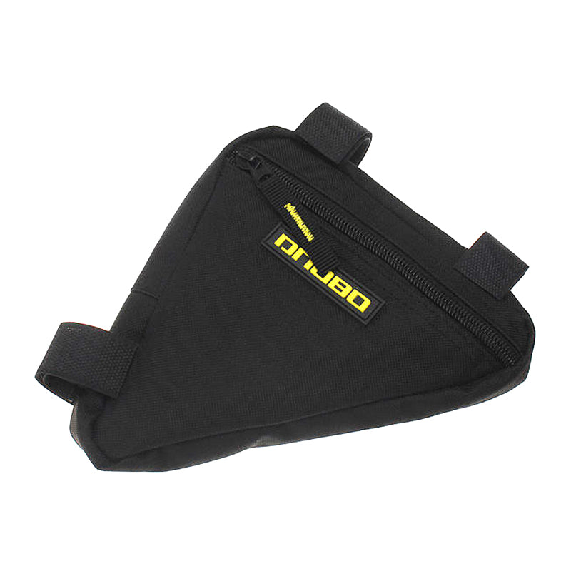 All-Black Frame Mount Triangular Bicycle Storage Bag, featuring yellow text, designed to fit essentials like a wallet, sunglasses, and smartphone, measuring 6-1/4 x 6-1/4 x 1-3/8.