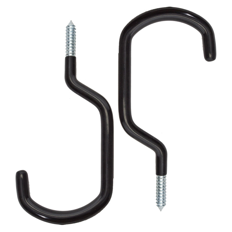 Black XL Heavy-Duty Storage Hooks with screw, suitable for bikes or scooters, featuring a robust black bent metal rod design. Ideal for securely hanging various types of scooters and bikes.