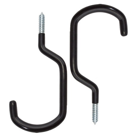 Black XL Heavy-Duty Storage Hooks with screw, suitable for bikes or scooters, featuring a robust black bent metal rod design. Ideal for securely hanging various types of scooters and bikes.