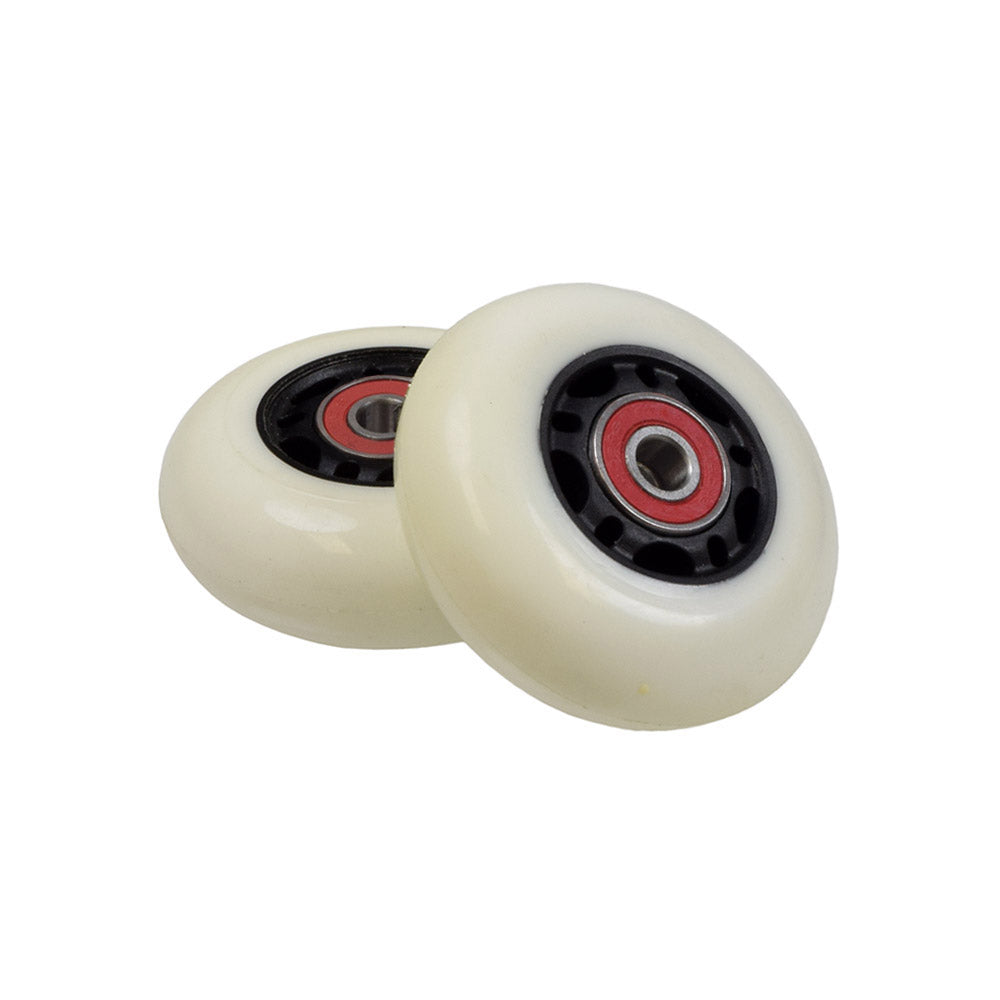 Set of 2 white 68 mm wheels with bearings for Razor RipStik® RipSter, RipStik® RipSter DLX, and Sole Skate. Features pre-installed bearings, ready to mount.