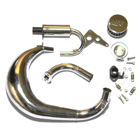 Close-up of the 47cc BladeZ Performance Pack by Tanaka, featuring a curved chrome-plated performance pipe and mounting hardware designed for increased horsepower and torque on MOBY Gas PowerBoards.