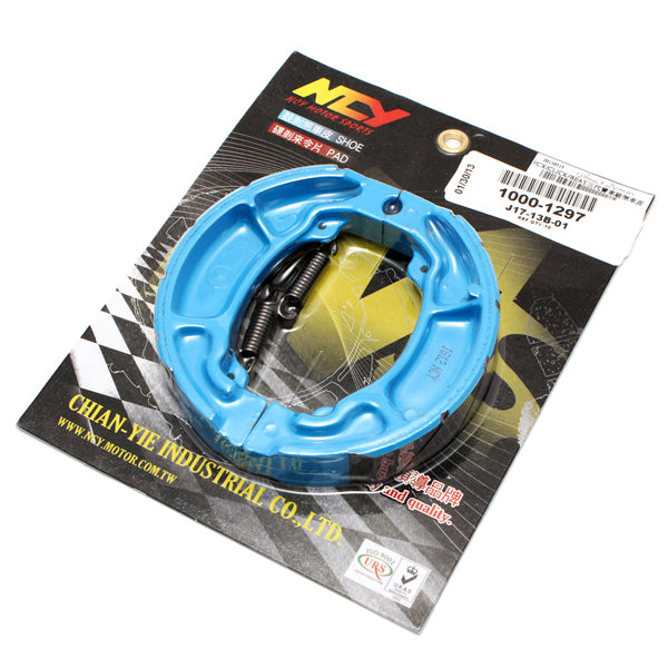 Blue Brake Shoes for the Honda PCX Scooter by NCY, featuring a blue metal ring with springs, high friction grooved linings, and high pressure die cast aluminum platforms.