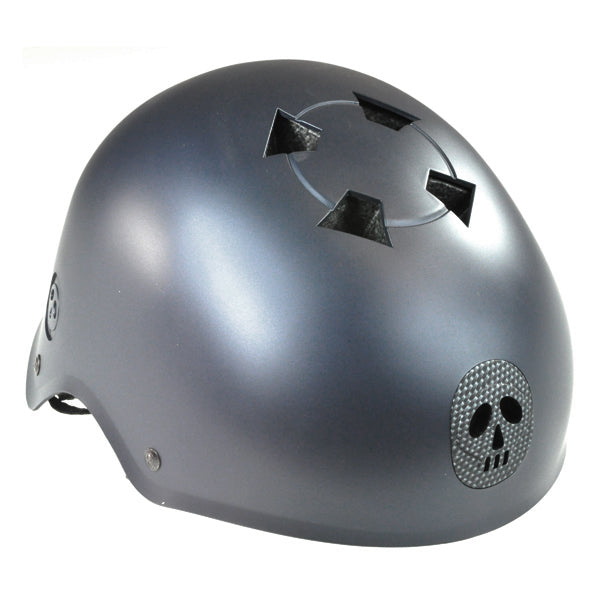 Blue Half Shell Helmet by Pryme™ Helmets, featuring a flat blue finish with a prominent skull logo on the side.