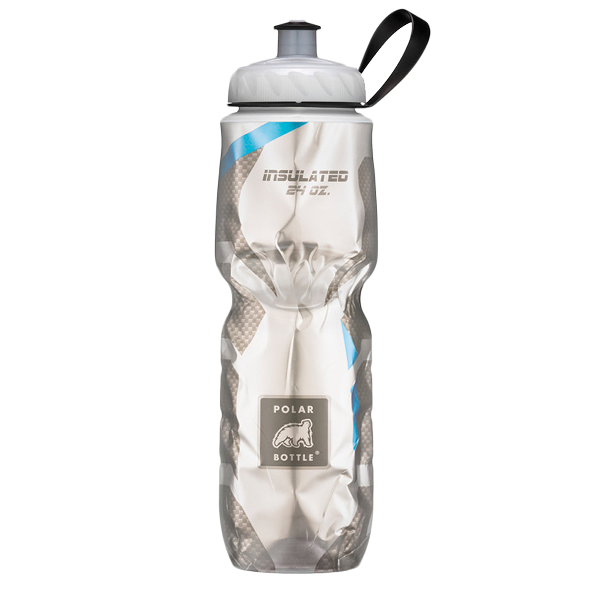 Polar Bottle Sport 24 oz. Insulated Water Bottle with a black strap, featuring a sleek design and a wide mouth screw top for easy ice filling.