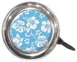 Swell Bell Chrome Bicycle & Scooter Bell with a blue and white floral pattern on a silver rim, featuring a full metal base and thumb lever for a loud, crisp ring.