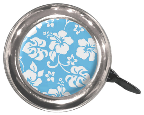 Swell Bell Chrome Bicycle & Scooter Bell with a blue and white floral pattern on a silver rim, featuring a full metal base and thumb lever for a loud, crisp ring.