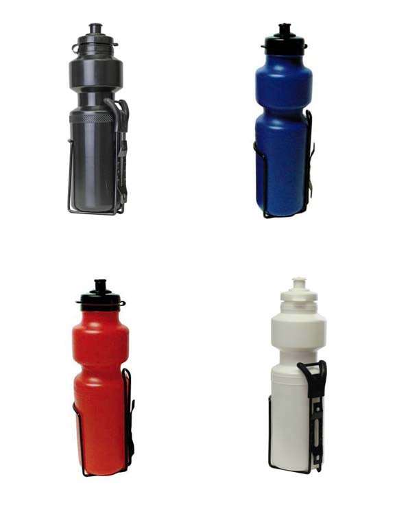 Sunlite Bottle and Bottle Carrier Combo featuring a group of water bottles in various designs, ideal for bikes or scooters, offering a dependable and economical hydration solution.