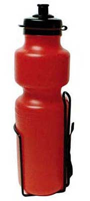 Sunlite Bottle and Bottle Carrier Combo: A red plastic water bottle with a black strap and clip, designed for bikes or scooters, offering a dependable 25 oz. hydration solution.