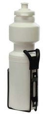 Sunlite Bottle and Bottle Carrier Combo featuring a white plastic water bottle with a black clip, ideal for bikes or scooters, offering an affordable and dependable hydration solution.