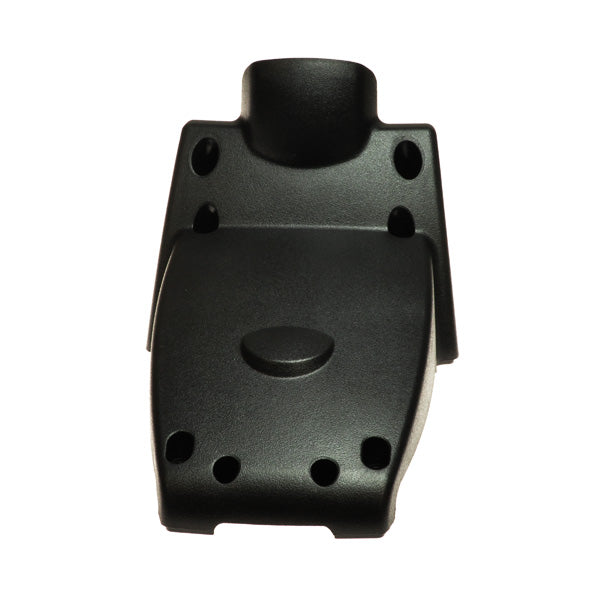 Bottom Console Shroud for the Pride Celebrity XL mobility scooter, featuring a black plastic construction with strategically placed holes. This OEM part is a close-up view of the essential component.