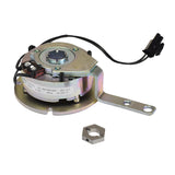 Brake Assembly for the Pride Celebrity X (SC4001/SC4401) & Mega Motion Endeavor X (MM4001DX/MM4401DX) shown with a small metal device featuring a black wire and a visible hole.