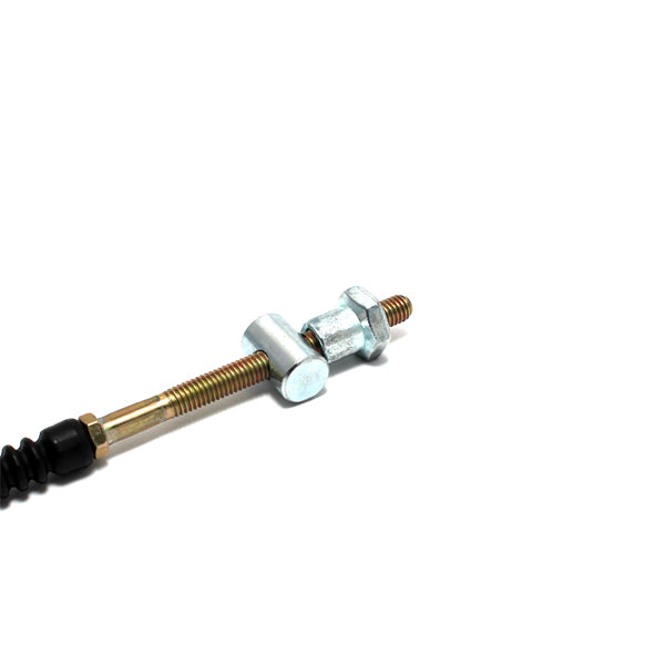 Close-up of a metal and black NCY brake cable with a nut, designed for the Honda Ruckus Scooter (NPS50) frame extension kit.