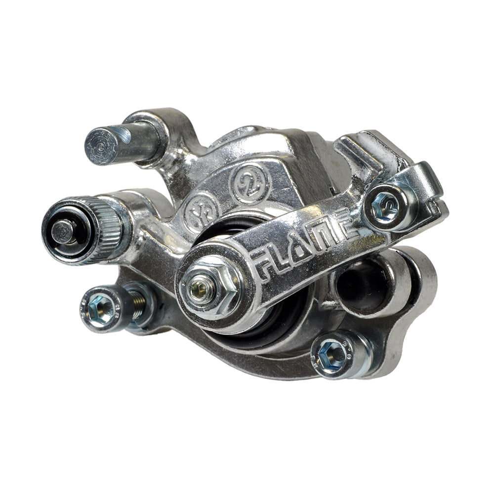 Brake Caliper Assembly for the Minimoto Go Kart, featuring a metal construction with visible screws and a close-up of a screwdriver, highlighting its intricate design and components.