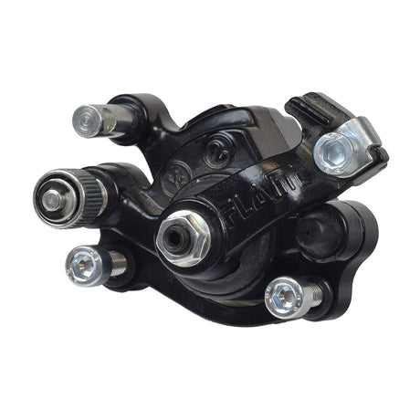 YK2 Flame Brake Caliper with Right Arm, featuring a black and silver metal device, complete with mounting plate and screws, designed for compatibility with various motorcycle and scooter models.