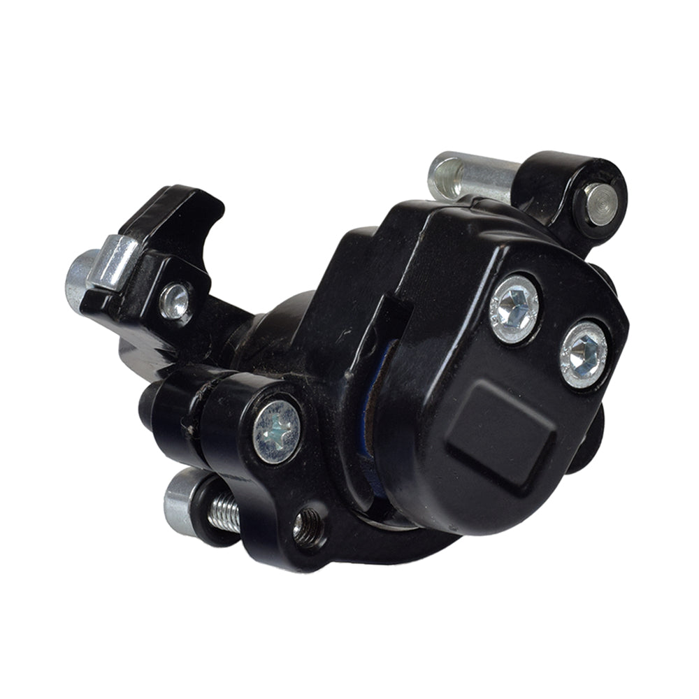 YK2 Flame Brake Caliper with Right Arm, showcasing a black and silver mechanical assembly, including brake pads and mounting plate, compatible with various electric scooters and dirt bikes.