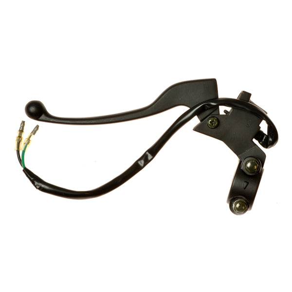 Left Brake Lever Assembly with Stop Light Switch for 50cc, 125cc, & 150cc Scooters, featuring a black lever with attached wires, plastic handle, and screw.