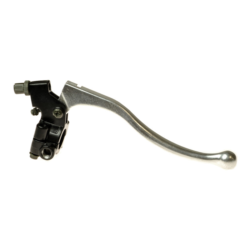 Right Brake Lever for 49cc, 50cc, & 70cc Dirt Bikes: Close-up of a black and silver metal lever designed for cable-activated brake systems, compatible with various dirt bike models including Baja Motorsports.