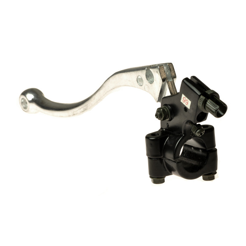 Right Brake Lever for 49cc, 50cc, & 70cc Dirt Bikes: Close-up of a black and silver metal lever with a black handle, designed for cable activated brake systems on small dirt bikes.