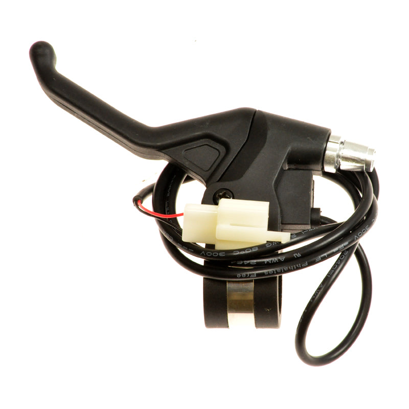 Brake Lever with Cable for the Razor Trikke E2, featuring a black handlebar with a white wire and a close-up of the black mechanical cable ending in a 2-pin connector.