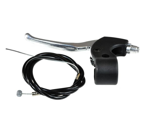 Brake Lever Assembly for Bladez & Tanaka Gas Powerkarts showing a close-up of a polished aluminum brake lever and cable attached to the left side of a bicycle handlebar.