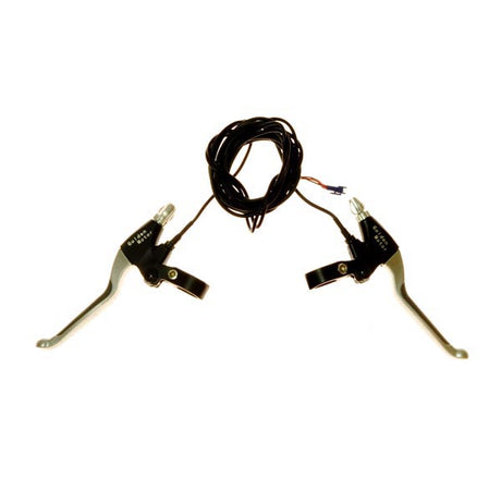 Brake Levers for Magic Pie 2 Electric Bike Conversion Kits, featuring a pair of brake levers and a cable, designed for use with Golden Motor's Magic Pie 2 electric bike hub motor kits.