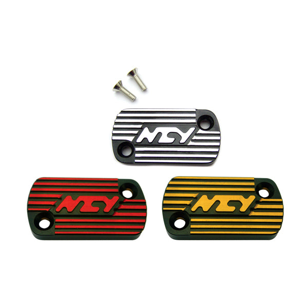 Brake Master Cylinder Cap for Honda Scooters by NCY, shown with included screws and logo detailing, designed to enhance the style and performance of Honda scooters.