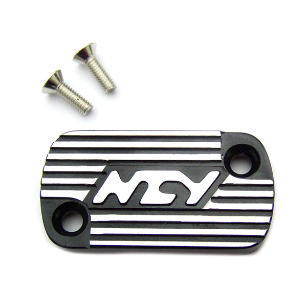 Brake Master Cylinder Cap for Honda Scooters, featuring a black and silver rectangular design with visible screws and a close-up logo, made by NCY, known for high-quality scooter accessories.