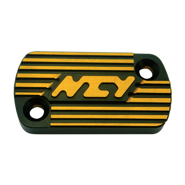 Brake Master Cylinder Cap for Honda Scooters, featuring a black and yellow rectangular design with two mounting holes and a close-up of the NCY logo, known for high-quality scooter accessories.