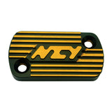 Brake Master Cylinder Cap for Honda Scooters, featuring a black and yellow rectangular design with two mounting holes and a close-up of the NCY logo, known for high-quality scooter accessories.