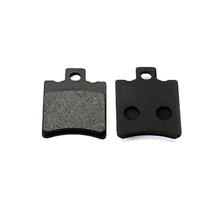 Front Brake Pads for the Aprilia Scarabeo 50, showing a pair of black and grey pads with visible holes, emphasizing the need for careful break-in as per manufacturer instructions.