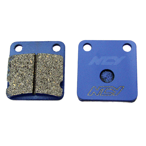 Brake Pads for Daelim and Sachs Scooters, featuring a blue and silver design with holes. NCY Performance brake pads provide enhanced stopping power under high heat and hard braking conditions.