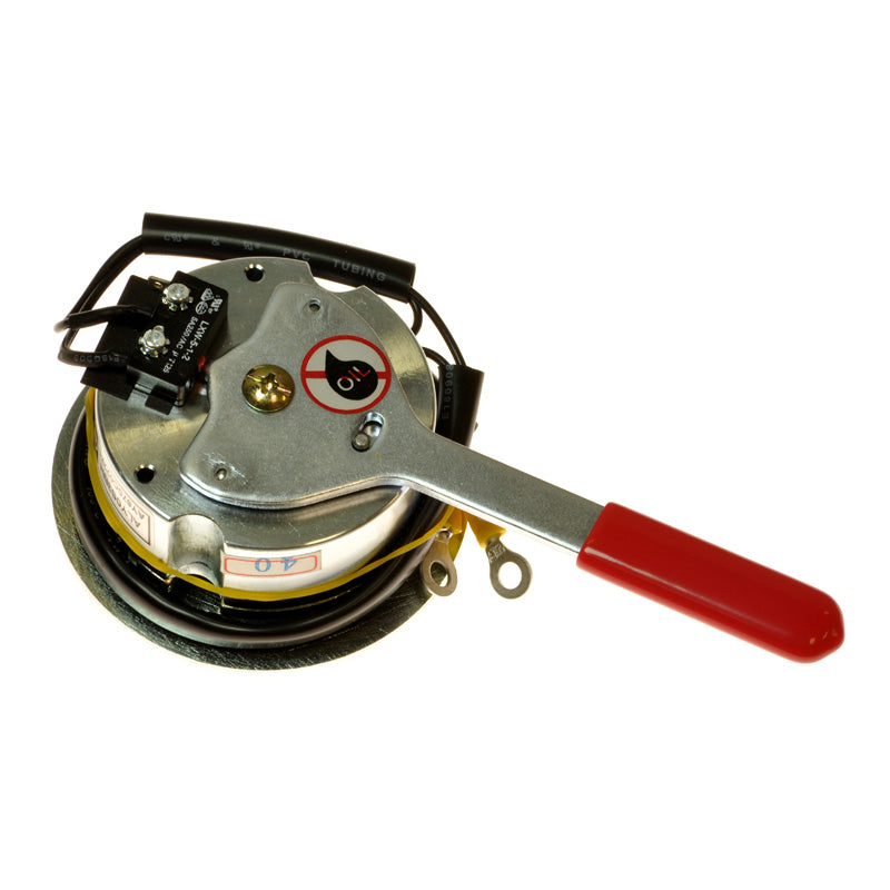 ALY0S3BH Brake Assembly for the Rascal AutoGo 550 and 555, featuring a small round metal device with a red handle, designed to ensure reliable braking for your scooter.