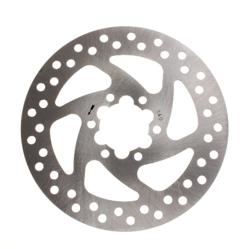 5-1/2 Disc Brake Rotor with 6 Mounting Holes & Star Mount, featuring a circular metal design with multiple holes and a distinct star-shaped inner mount, ideal for recreational scooters, mini bikes, and dirt bikes.