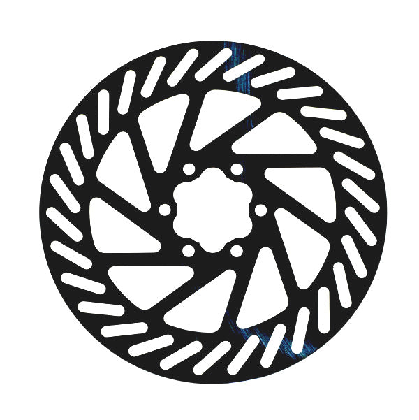 160mm Brake Rotor for Currie Bikes & Scooters (Version 2) featuring a black circular design with white lines, suitable for various Currie electric bikes and scooters.