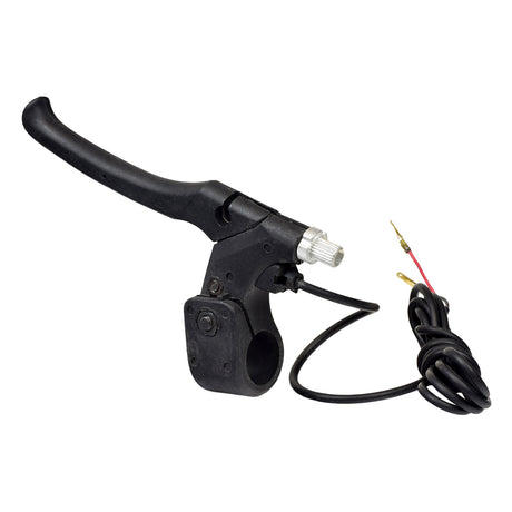 Long Handle Black Plastic Right Side Brake Lever with Wires, featuring a 2-wire connection, silver brake cable adjustment screw, and built-in return spring, designed for use with electric scooters.