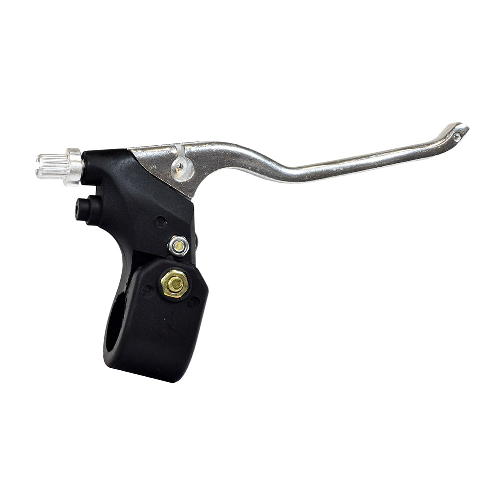 Left Brake Lever for Coleman CC100X & CT100U Trail Mini Bikes, showcasing a polished aluminum brake lever with a black plastic body and built-in return spring, designed for the left handlebar.