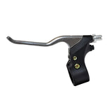 Left Brake Lever for the Realtree RT100 Mini Bike; polished aluminum lever with a black plastic body and built-in return spring, shown in a close-up view.