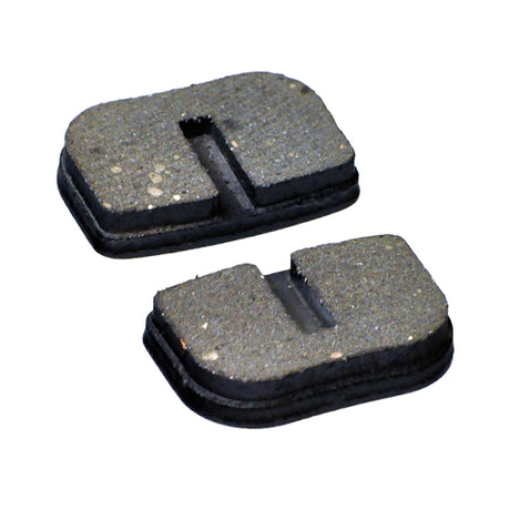 Standard Disc Brake Pads for Standard Brake Calipers (Set of 2). The pads are black, rectangular with holes, designed for gas-powered mini bikes and scooters, measuring approximately 1-1/8 x 3/4.