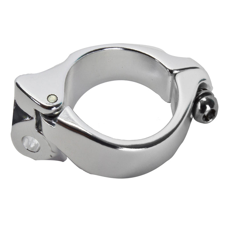 Braze-On Derailleur Clamp for 34.9mm Tube, a silver metal ring with screws, designed as a practical accessory for bikes and scooters, enhancing durability and functionality.