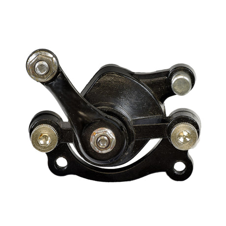 Brake Caliper with Left Arm for Coleman CC100X & CT100U Trail Mini Bikes, featuring a black metal structure with screws and a 2 (51 mm) mounting hole center to center distance.