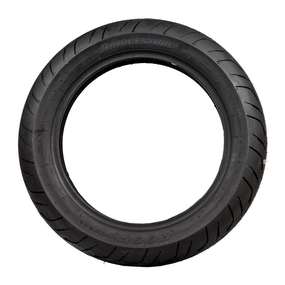 Bridgestone 120/80-14 M/C HOOP B03F Front Tire for 2006-Current Suzuki Burgman 400, featuring deep street-style treads for optimal highway and urban performance.