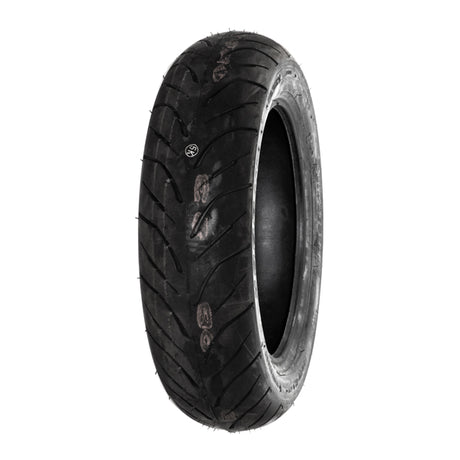 Bridgestone 130/70-12 HOOP B02R Rear Tire for 2001 - 2007 Honda Reflex, featuring a close-up of its tread pattern and black center, showcasing the siped street style for superb performance.