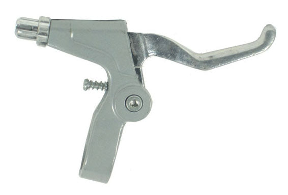 Close-up of a polished aluminum Brake Lever - Pocket Bike (Right Side) with a gray painted body, featuring a metal lever and built-in return spring.