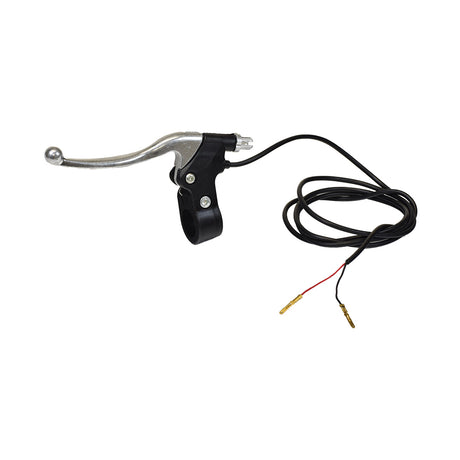 Aluminum Left Side Brake Lever with Wires for scooters, featuring a polished handle, brake switch, and built-in return spring. Shown with attached wires, suitable for various electric and gas scooter brands.