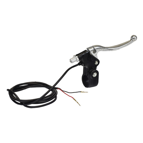 Aluminum Left Side Brake Lever with Wires, featuring a polished aluminum handle, brake switch, and visible cables. Ideal for electric scooters, mini bikes, and gas scooters with electric start.