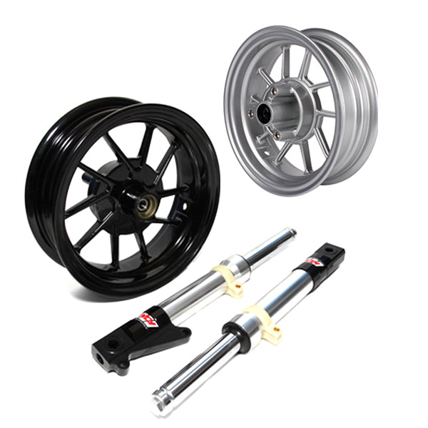 Brushed Aluminum Front End Kit for Honda Ruckus (NPS50) featuring a group of wheels, dual shock absorbers, and metal cylinders, including a close-up of a black wheel and silver rim.