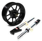 Brushed Aluminum Front End Kit for the Honda Ruckus (NPS50) featuring a black wheel, a pair of shock absorbers, and metal cylinders for a complete front disk big brake conversion.