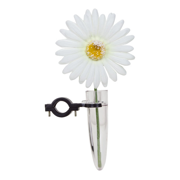 Bud Vase for Manual Wheelchairs featuring a white faux daisy in a clear glass tube, designed to attach to the 7/8 horizontal frame of wheelchairs.